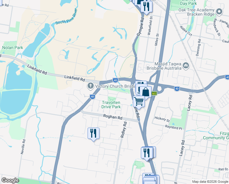 map of restaurants, bars, coffee shops, grocery stores, and more near 34 Travorten Drive in Bridgeman Downs