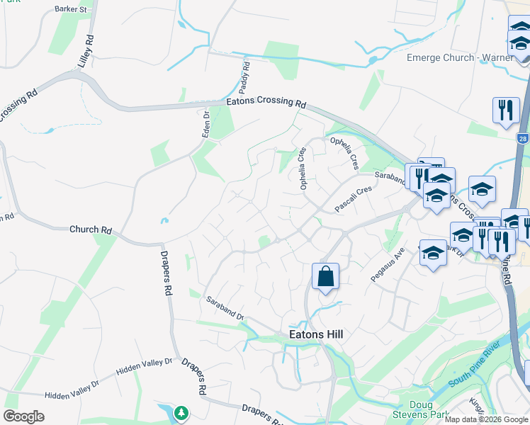 map of restaurants, bars, coffee shops, grocery stores, and more near 18 Granada Drive in Eatons Hill