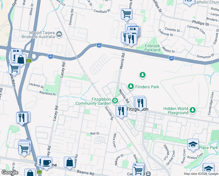 map of restaurants, bars, coffee shops, grocery stores, and more near 97 Mount Kaputar Avenue in Fitzgibbon