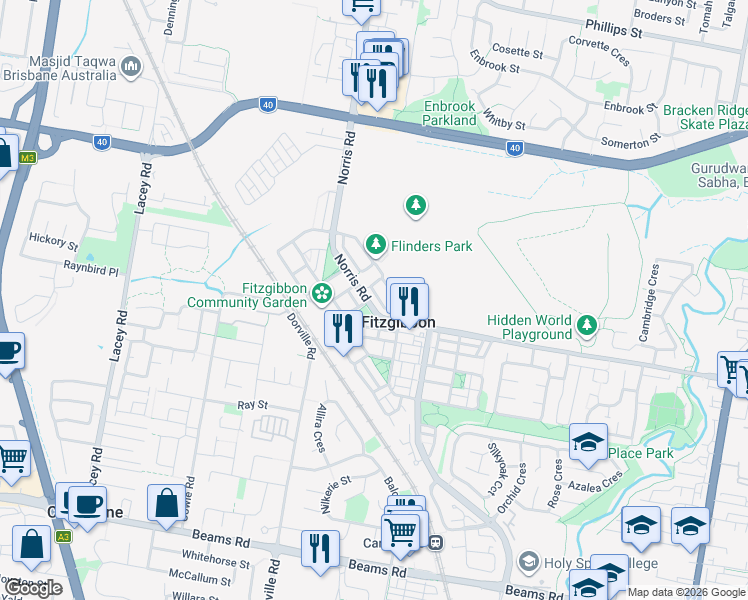 map of restaurants, bars, coffee shops, grocery stores, and more near 24 Flinders Circuit in Fitzgibbon