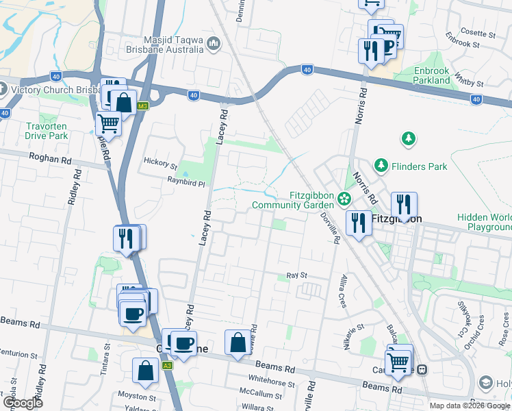 map of restaurants, bars, coffee shops, grocery stores, and more near 52 Somerset Drive in Carseldine