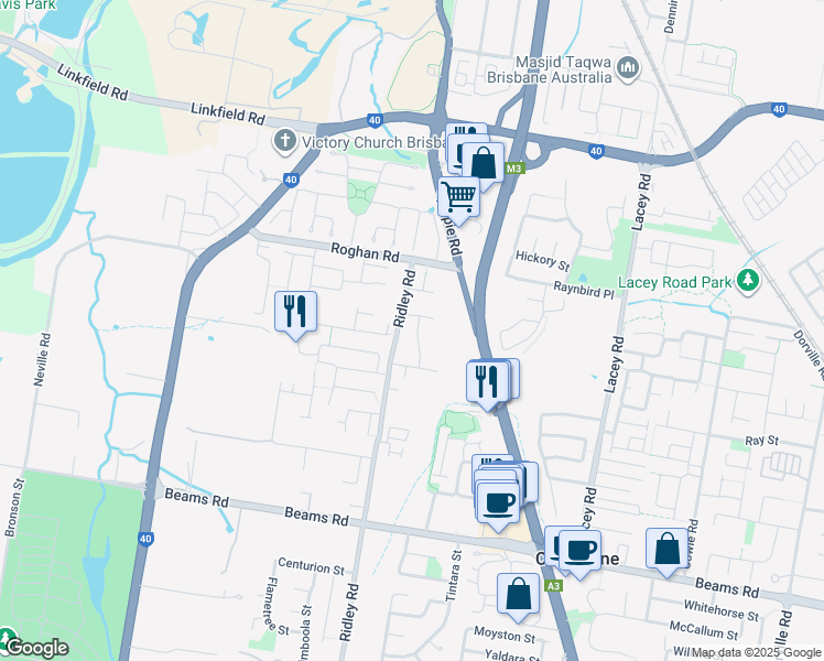 map of restaurants, bars, coffee shops, grocery stores, and more near 17 Serendipita Street in Bridgeman Downs