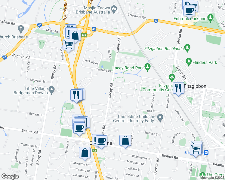 map of restaurants, bars, coffee shops, grocery stores, and more near 9 Sedgemoor Street in Carseldine