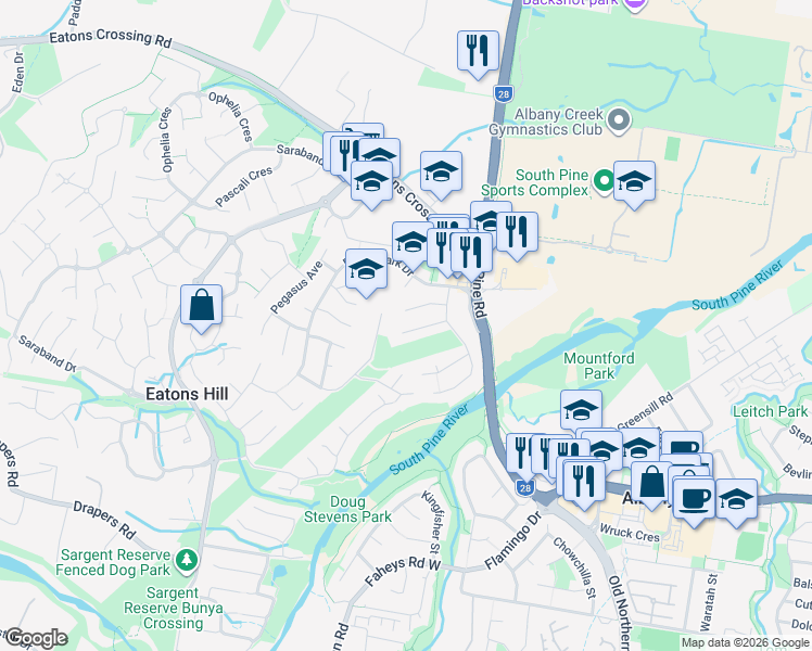 map of restaurants, bars, coffee shops, grocery stores, and more near 16 Calypso Court in Eatons Hill
