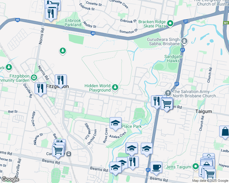 map of restaurants, bars, coffee shops, grocery stores, and more near 411 Roghan Road in Fitzgibbon