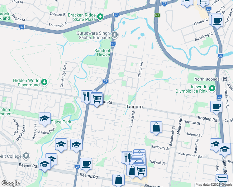 map of restaurants, bars, coffee shops, grocery stores, and more near 27 Jagera Circuit in Taigum
