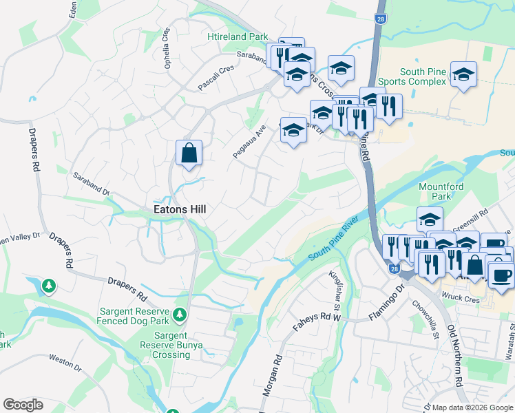 map of restaurants, bars, coffee shops, grocery stores, and more near 8 Minerva Court in Eatons Hill