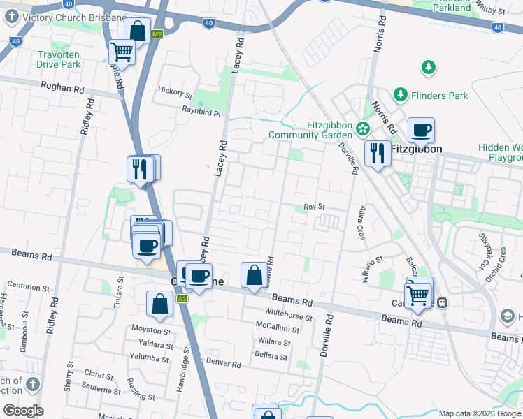 map of restaurants, bars, coffee shops, grocery stores, and more near 66 Cowie Road in Carseldine
