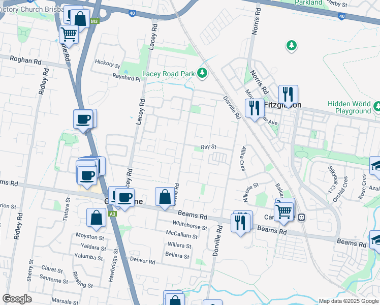 map of restaurants, bars, coffee shops, grocery stores, and more near 38 MacDonald Place in Carseldine