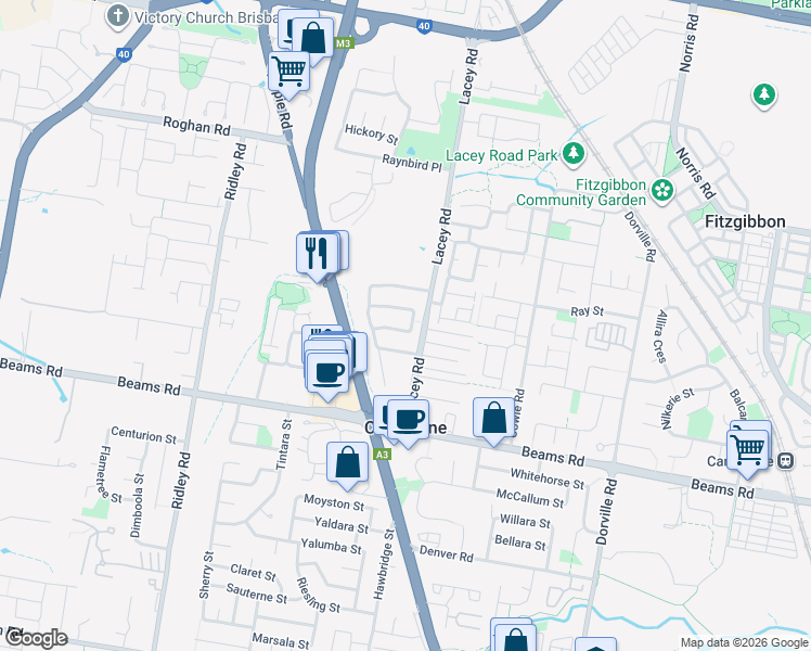 map of restaurants, bars, coffee shops, grocery stores, and more near 14 Cyperus Crescent in Carseldine