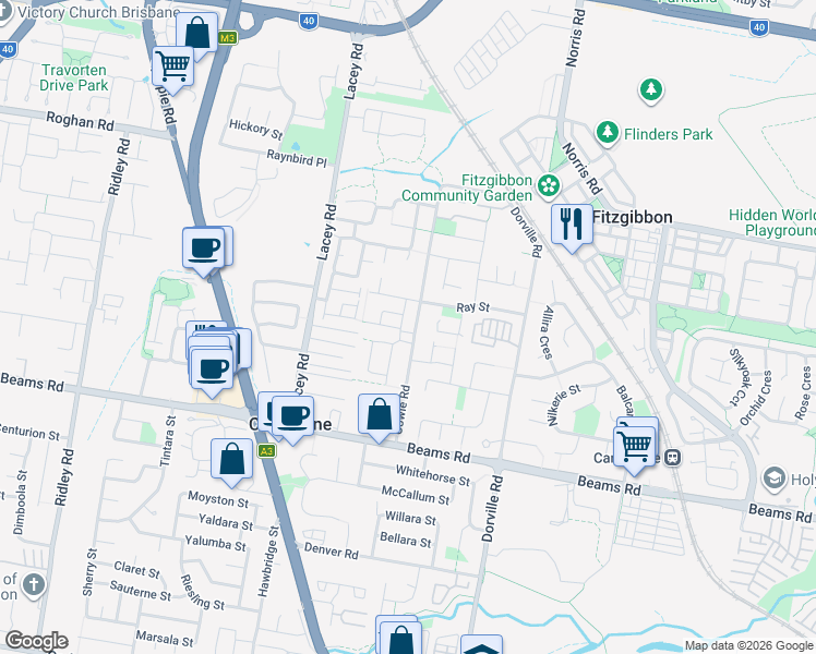 map of restaurants, bars, coffee shops, grocery stores, and more near 22 Northmarque Street in Carseldine