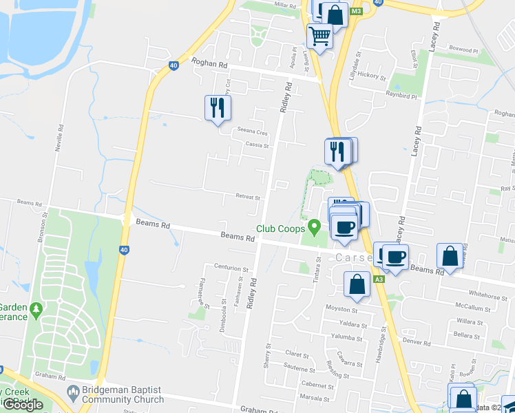 map of restaurants, bars, coffee shops, grocery stores, and more near Aldritt Place in Bridgeman Downs