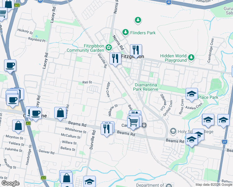 map of restaurants, bars, coffee shops, grocery stores, and more near 8 Kulindi Place in Carseldine