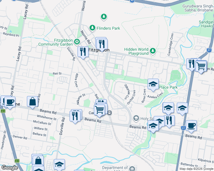 map of restaurants, bars, coffee shops, grocery stores, and more near 4 Carnarvon Crescent in Fitzgibbon