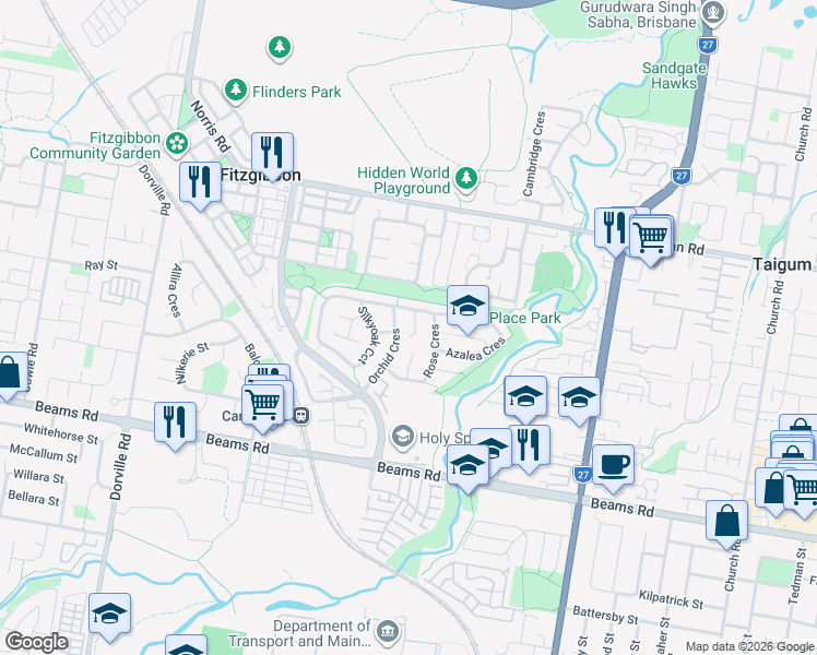 map of restaurants, bars, coffee shops, grocery stores, and more near 9 Petunia Close in Fitzgibbon