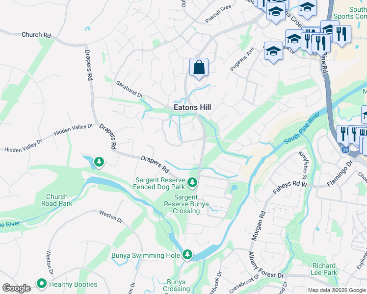 map of restaurants, bars, coffee shops, grocery stores, and more near 1 Laceflower Crescent in Eatons Hill
