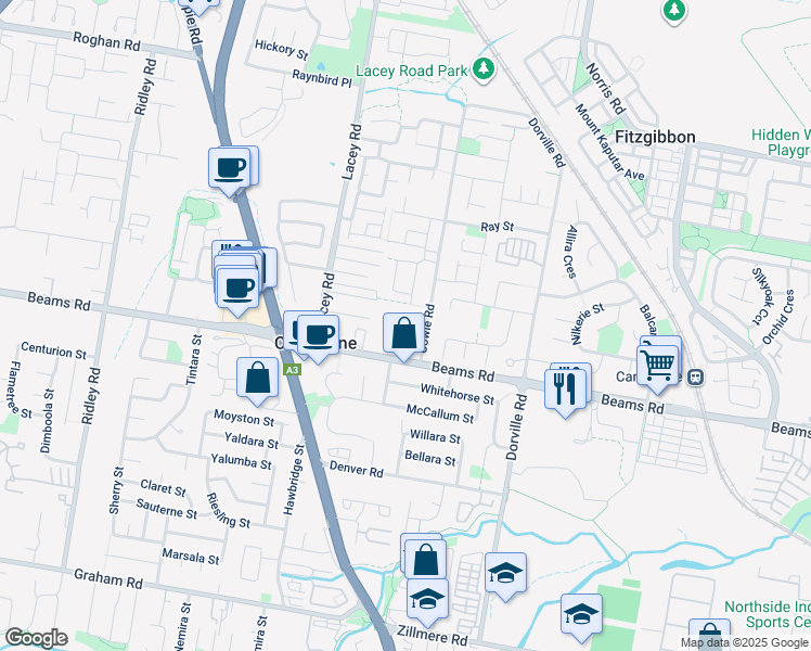 map of restaurants, bars, coffee shops, grocery stores, and more near 18 Cowie Road in Carseldine
