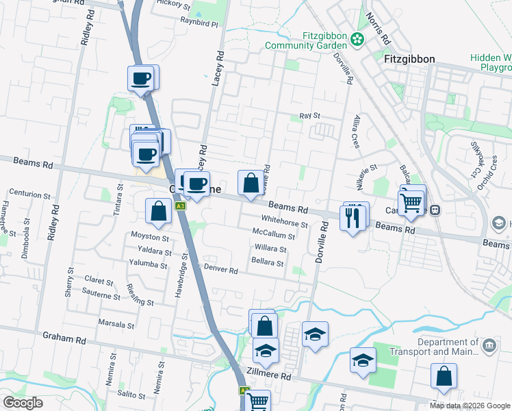 map of restaurants, bars, coffee shops, grocery stores, and more near 634 Beams Road in Carseldine