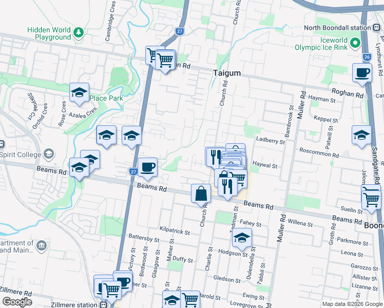 map of restaurants, bars, coffee shops, grocery stores, and more near 36 Heathwood Street in Taigum