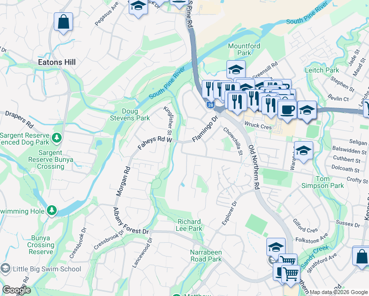 map of restaurants, bars, coffee shops, grocery stores, and more near 100 Faheys Road West in Albany Creek