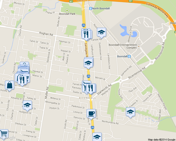 map of restaurants, bars, coffee shops, grocery stores, and more near 2210-2216 Sandgate Road in Boondall