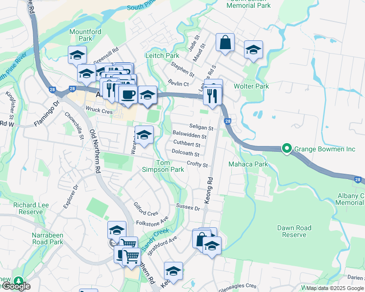 map of restaurants, bars, coffee shops, grocery stores, and more near 21 Cuthbert Street in Albany Creek