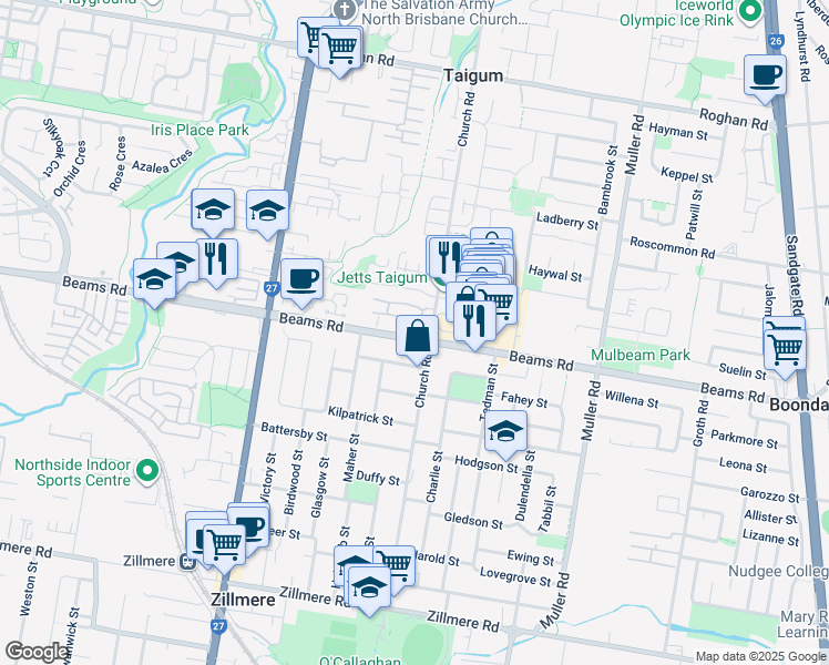 map of restaurants, bars, coffee shops, grocery stores, and more near 293 Beams Road in Taigum
