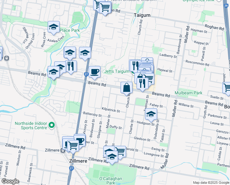 map of restaurants, bars, coffee shops, grocery stores, and more near 29 Hinchcliffe Street in Zillmere