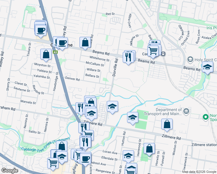 map of restaurants, bars, coffee shops, grocery stores, and more near 18 Denver Road in Carseldine