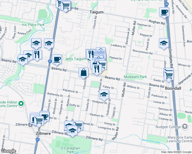 map of restaurants, bars, coffee shops, grocery stores, and more near 240 Beams Road in Zillmere