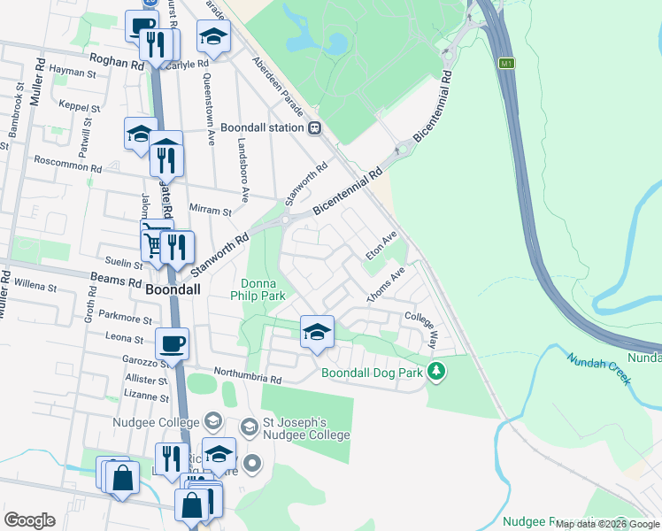 map of restaurants, bars, coffee shops, grocery stores, and more near 45 Johns Crescent in Boondall