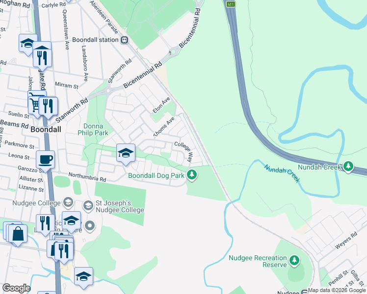 map of restaurants, bars, coffee shops, grocery stores, and more near 104 College Way in Boondall