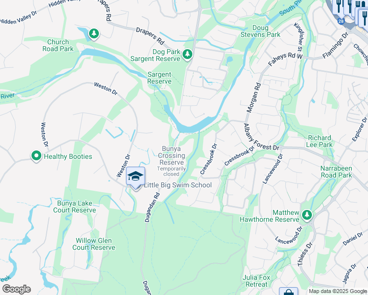 map of restaurants, bars, coffee shops, grocery stores, and more near 88 Dugandan Road in Bunya
