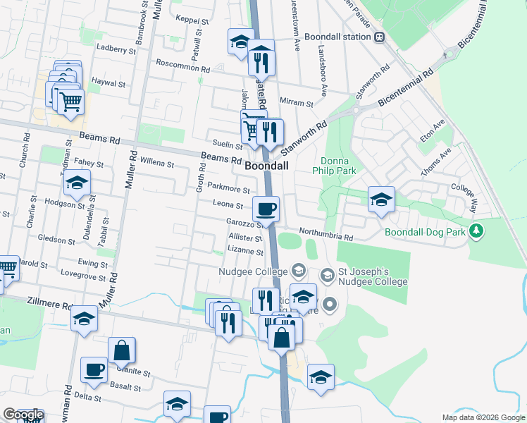 map of restaurants, bars, coffee shops, grocery stores, and more near 20 A Floramy Street in Boondall