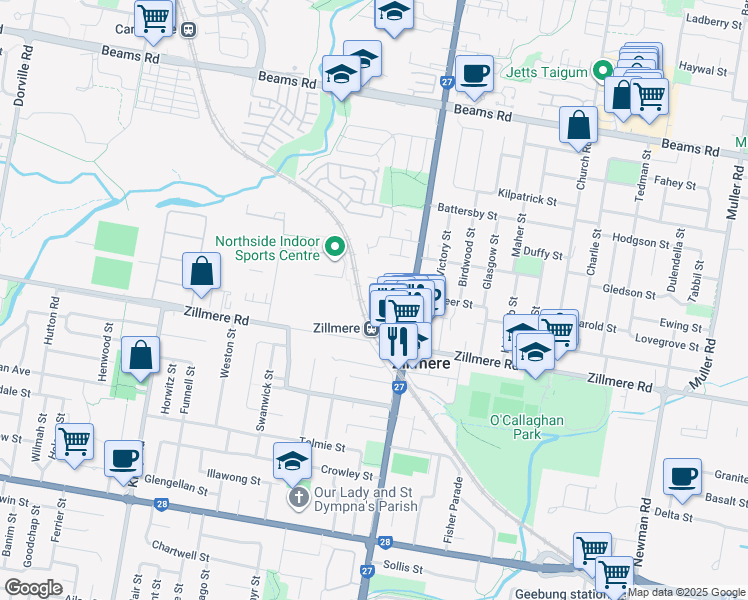 map of restaurants, bars, coffee shops, grocery stores, and more near 29 Pretoria Street in Zillmere