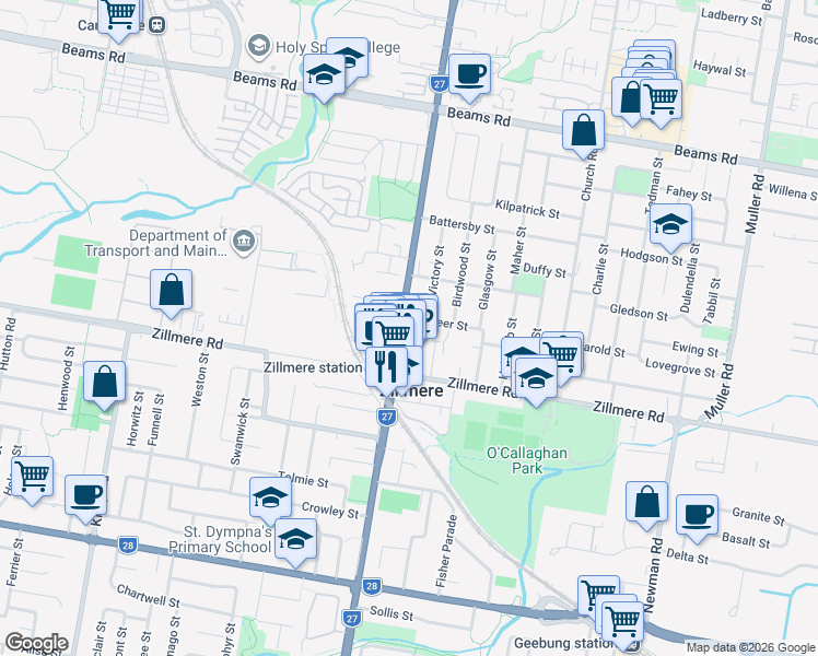 map of restaurants, bars, coffee shops, grocery stores, and more near 53 Handford Road in Zillmere