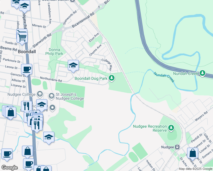 map of restaurants, bars, coffee shops, grocery stores, and more near 63 College Way in Boondall