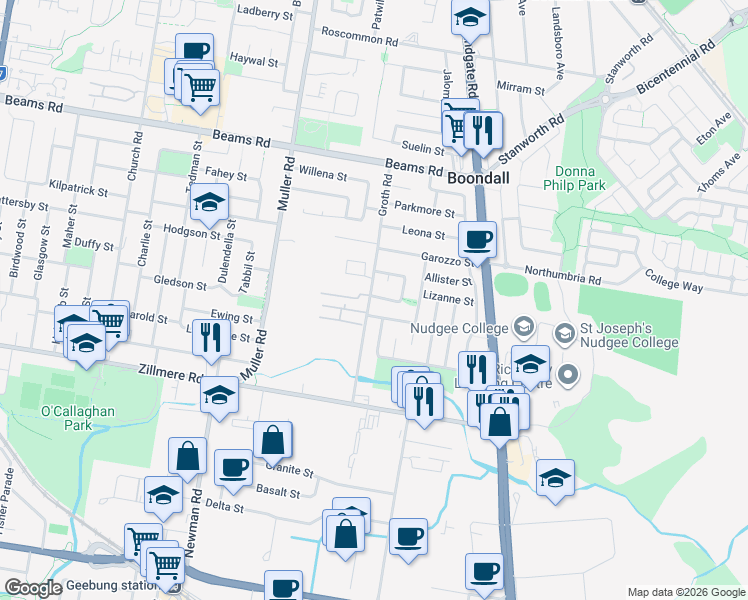map of restaurants, bars, coffee shops, grocery stores, and more near 44 Laar Crescent in Boondall