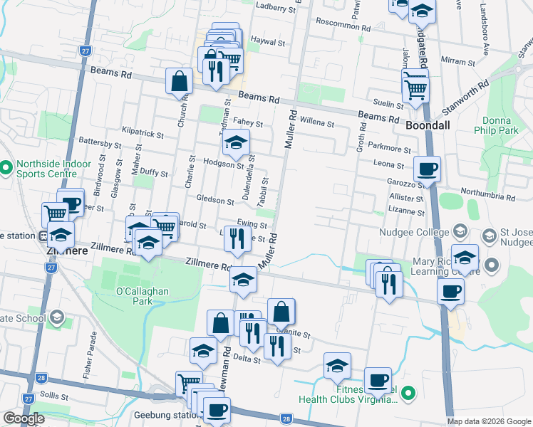 map of restaurants, bars, coffee shops, grocery stores, and more near 52 Muller Road in Zillmere