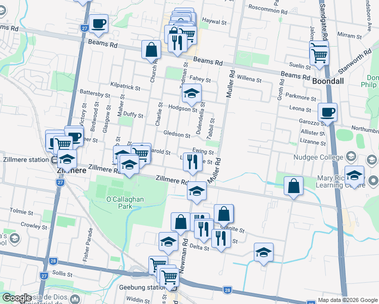 map of restaurants, bars, coffee shops, grocery stores, and more near 18 Ewing Street in Zillmere