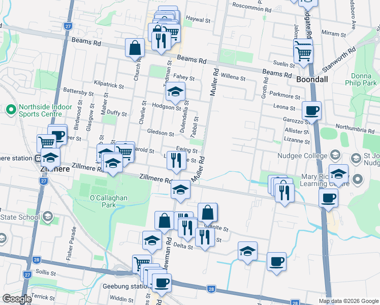 map of restaurants, bars, coffee shops, grocery stores, and more near 10 Ewing Street in Zillmere