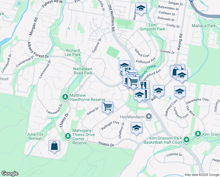 map of restaurants, bars, coffee shops, grocery stores, and more near 29 Albany Forest Drive in Albany Creek