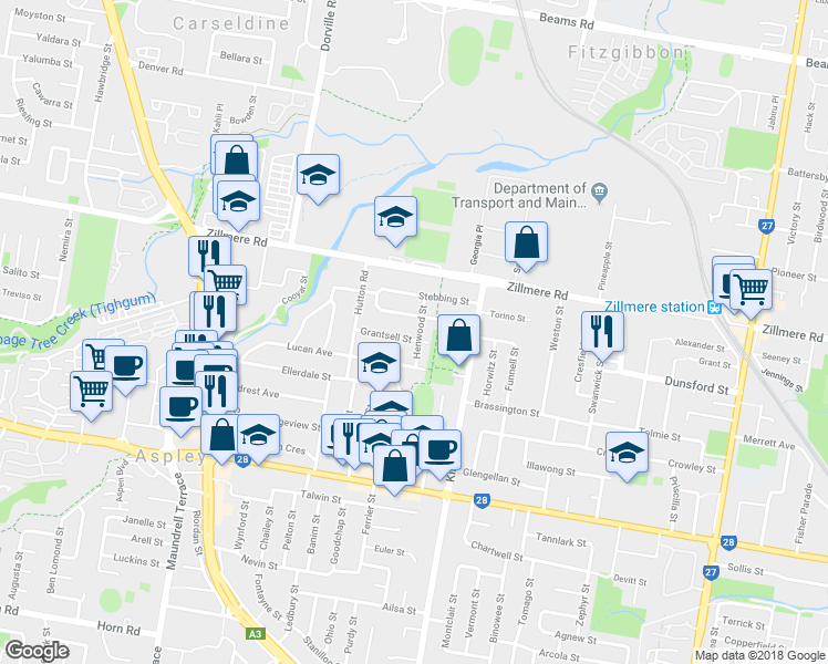 map of restaurants, bars, coffee shops, grocery stores, and more near 28 Grantsell Street in Aspley