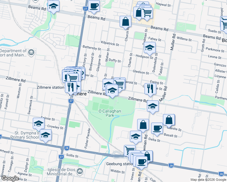 map of restaurants, bars, coffee shops, grocery stores, and more near 10 Church Road in Zillmere