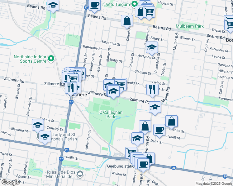 map of restaurants, bars, coffee shops, grocery stores, and more near 8 Church Road in Zillmere