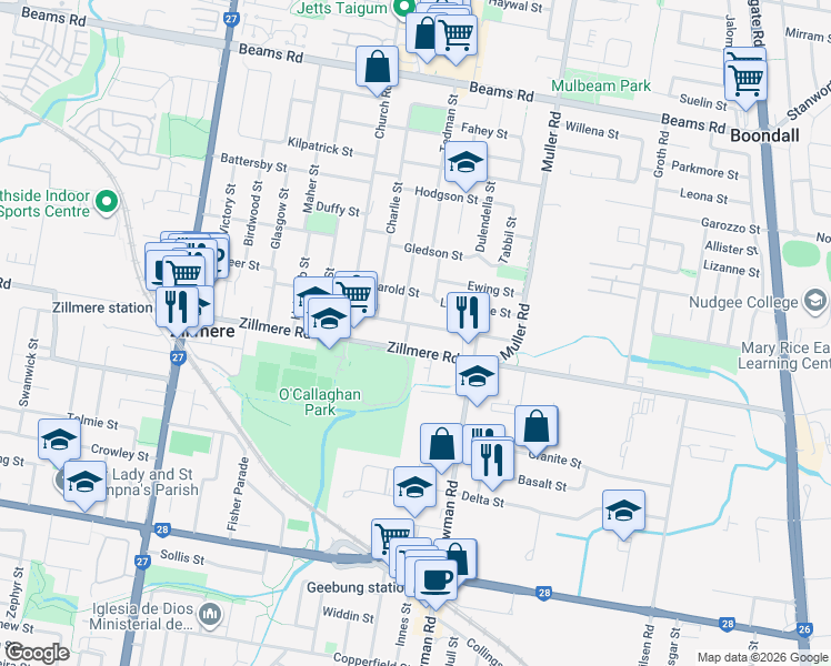 map of restaurants, bars, coffee shops, grocery stores, and more near 72 Gillies Street in Zillmere