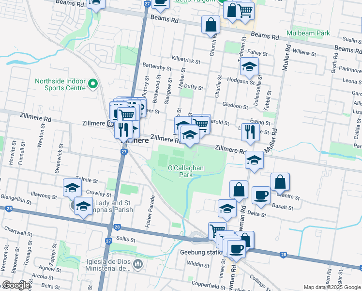 map of restaurants, bars, coffee shops, grocery stores, and more near 346 Zillmere Road in Zillmere
