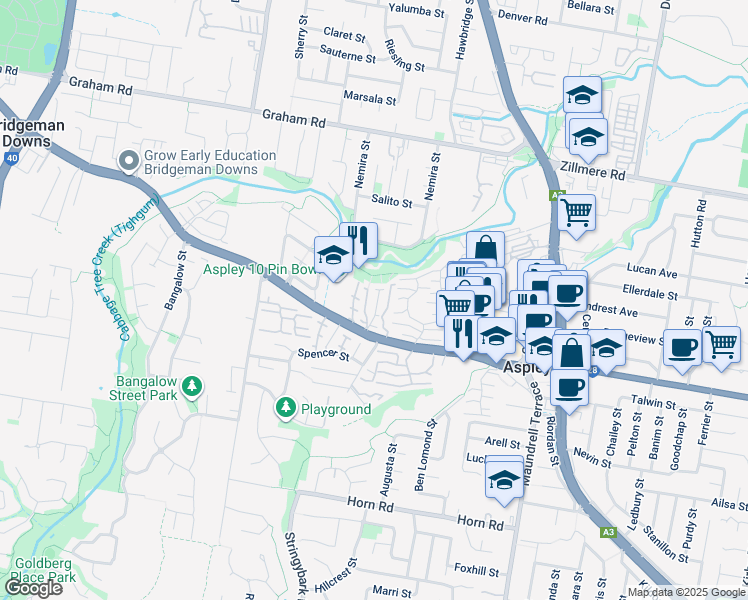 map of restaurants, bars, coffee shops, grocery stores, and more near 121 Albany Creek Road in Aspley