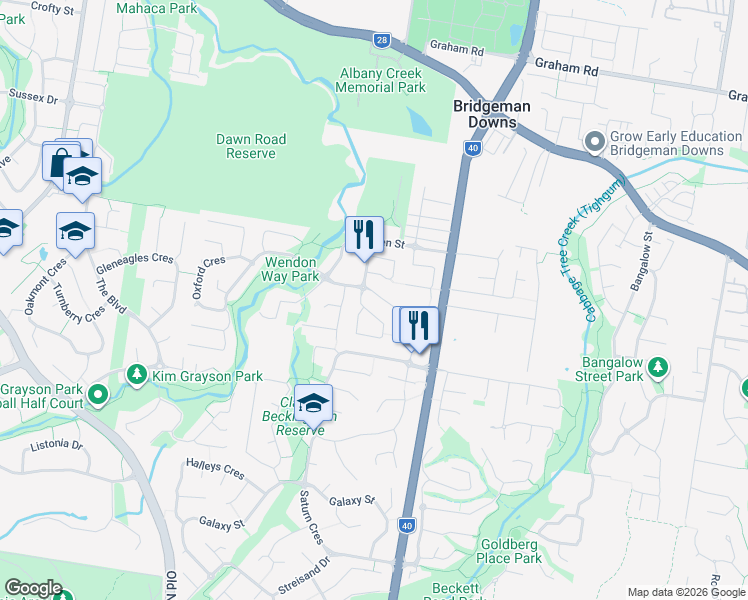 map of restaurants, bars, coffee shops, grocery stores, and more near 64 Canopus Street in Bridgeman Downs