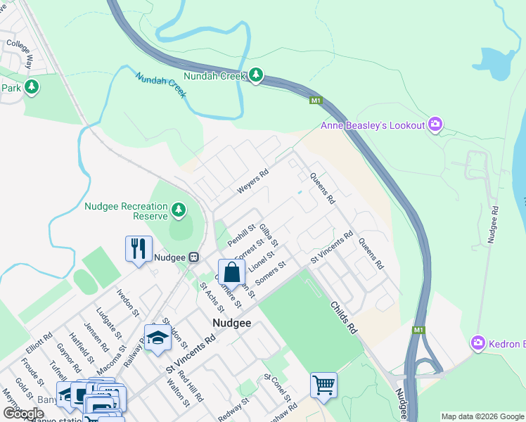 map of restaurants, bars, coffee shops, grocery stores, and more near 30 Elkington Street in Nudgee